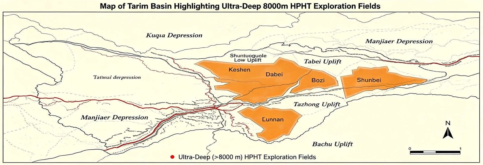 Map of Tarim Basin Highlighting Ultra-Deep 8000m HPHT Exploration Fields Map of Tarim Basin Highlighting Ultra-Deep 8000m HPHT Exploration Fields